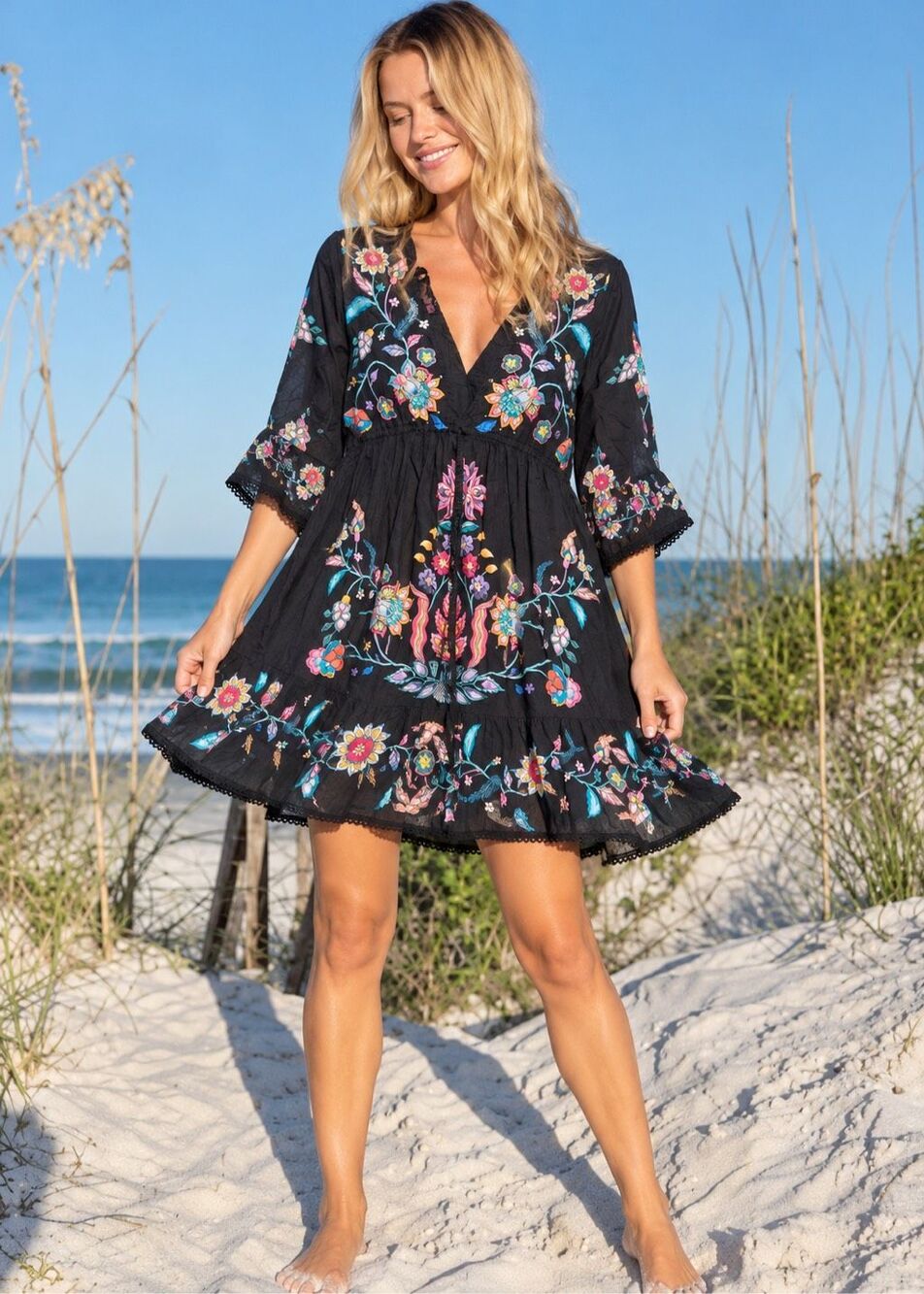 Natural Life Black Multicolor Embroidered Boho Mini Dress Size M, $98
